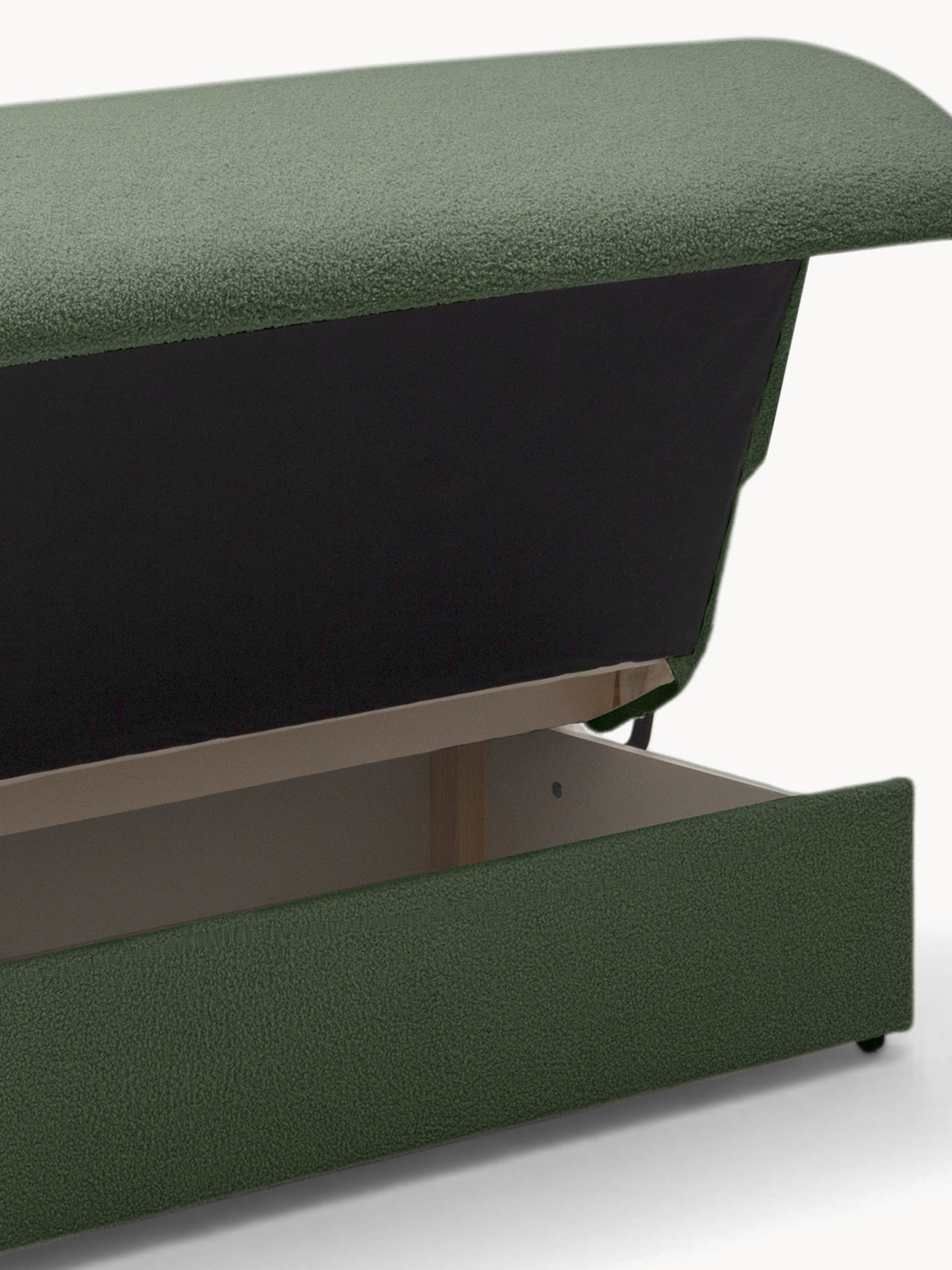 Rozkladacia pohovka Nido 120 cm zelená boucle s úložným priestorom, detail úložného priestoru