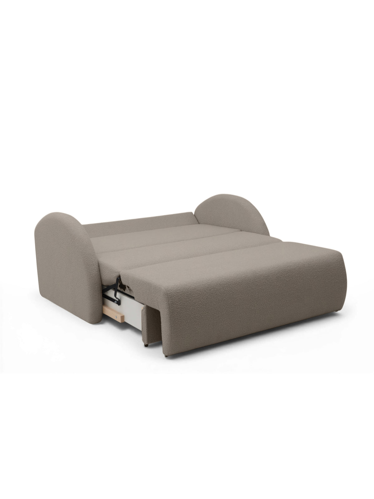 Sofa rozkładana Nubi 120 cm beżowa boucle z pojemnikiem na pościel, widok rozłożony
