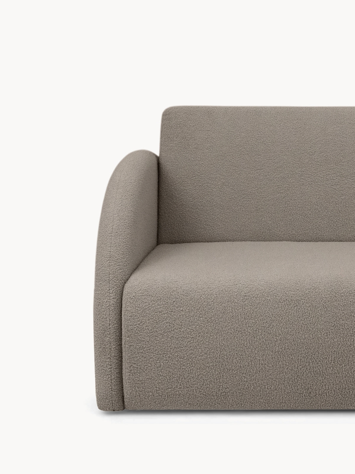 Sofa rozkładana Nubi 120 cm w beżowym bouclé, widok na róg i podłokietnik