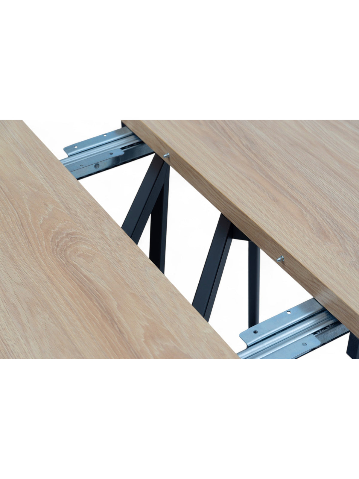 Rozkladací okrúhly stôl Cedrus Linear 95/150 cm dub hikora čierny rám detail mechanizmu