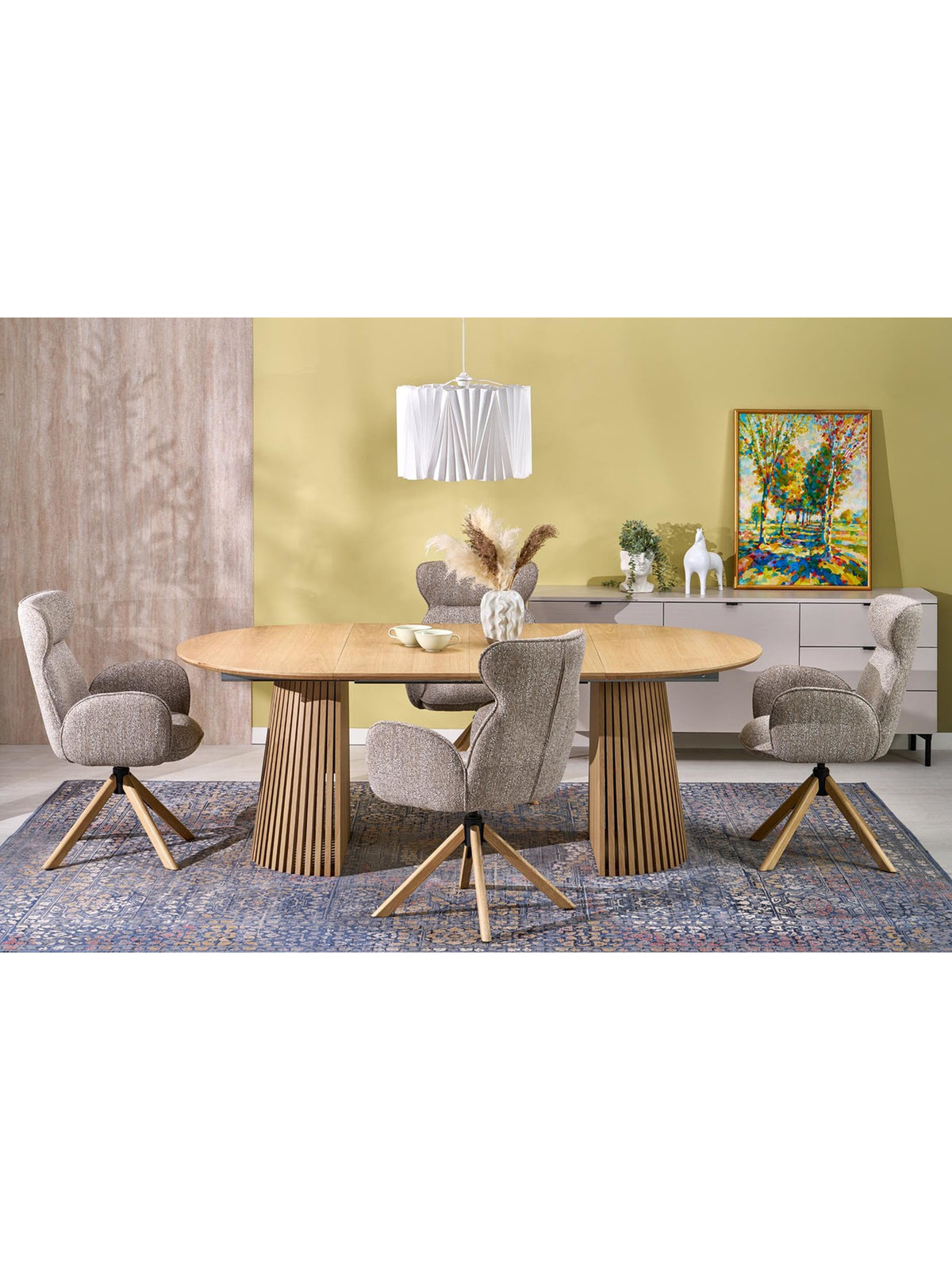Rozkladací okrúhly stôl Brevon 120-210x120 cm z prírodného dubu, pohľad na nohy