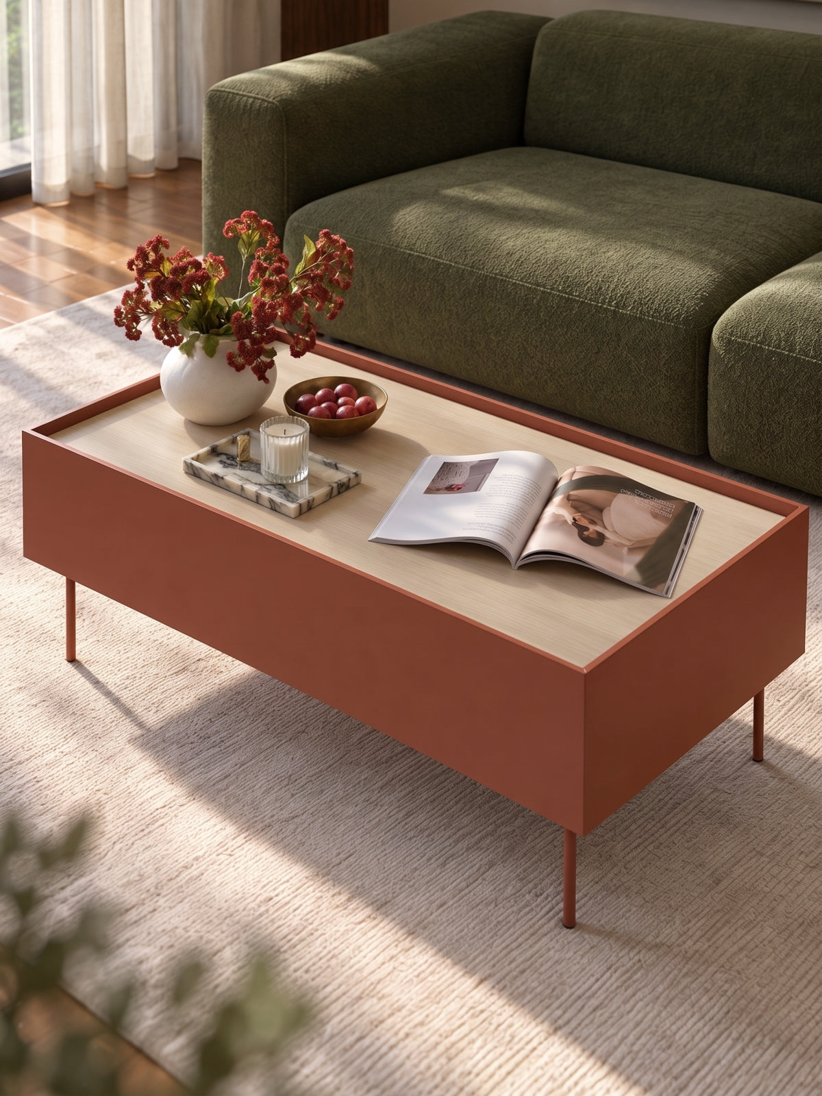 Stolík kawowy Desin 120 cm so zásuvkami - ceramic red / Dub nagano