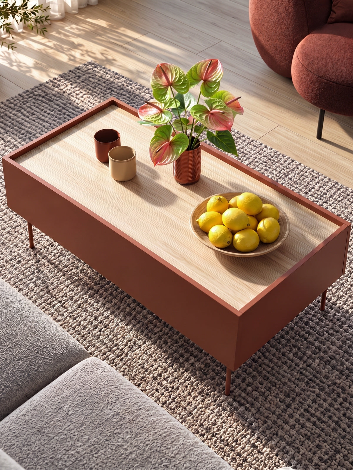 Stolík kawowy Desin 120 cm so zásuvkami - ceramic red / Dub nagano