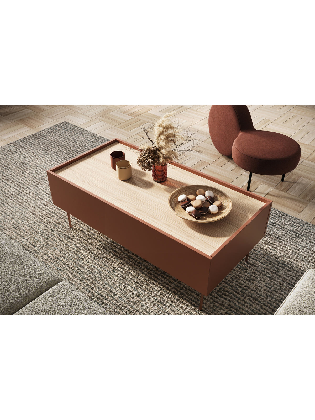 Konferenčný stolík Desin 120 cm ceramic red mat s dubovou doskou a dvoma zásuvkami