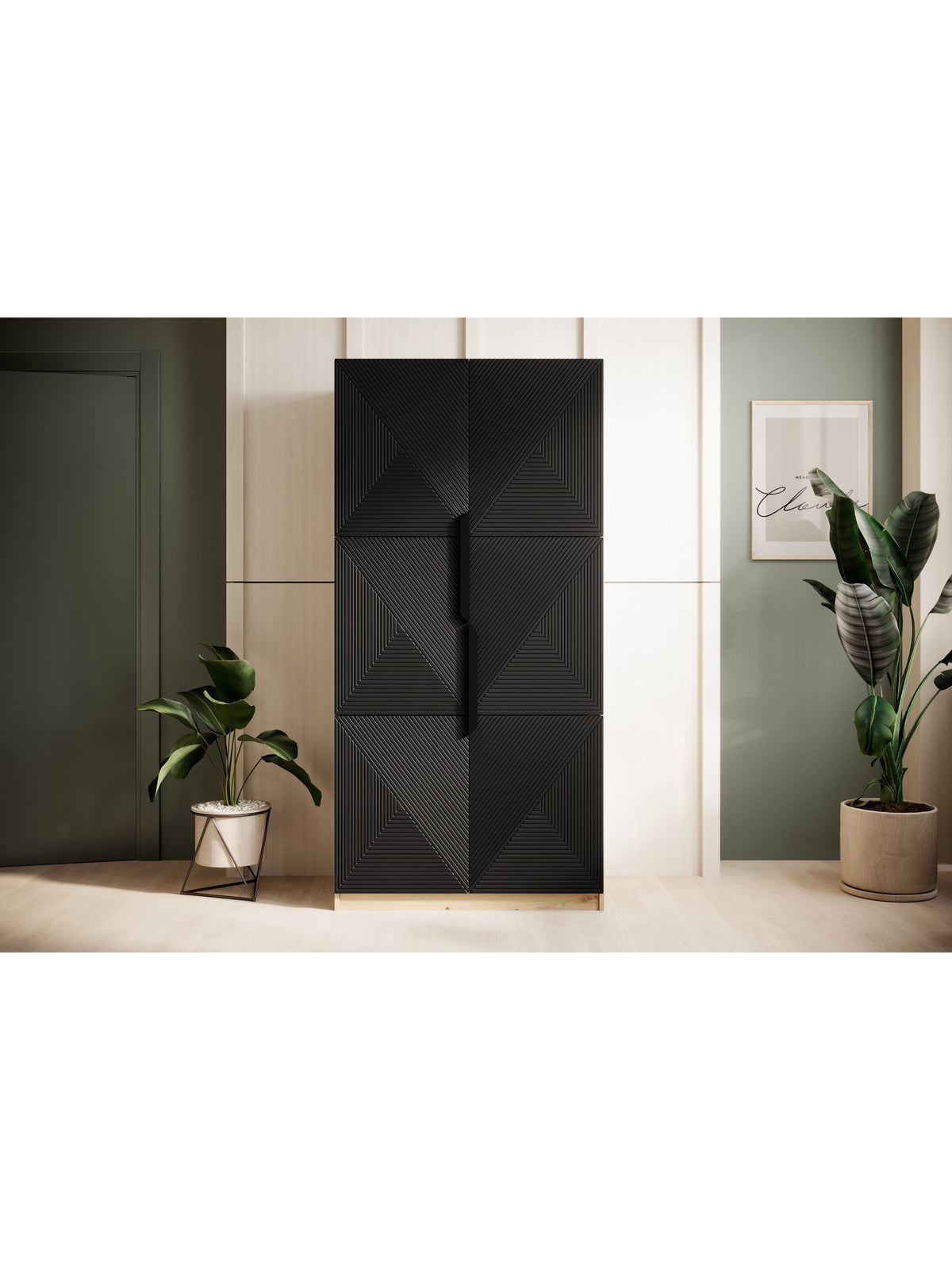Skriňa Asha 100 cm s frézovaným frontom i metalowymi uchwytami- artisan / Čierny mat / čierny úchyty