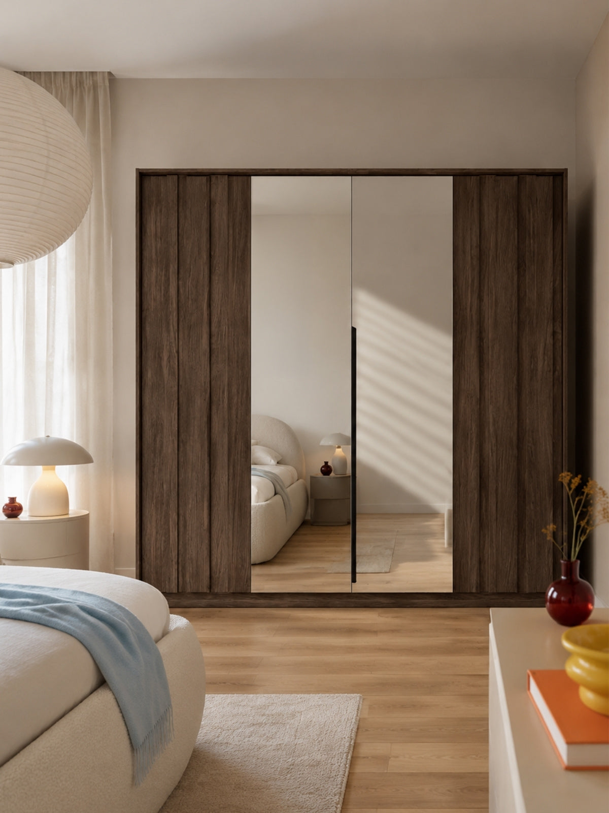Skriňa Flaro 223 cm s LED osvetlením v farbe dub dunin so zrkadlom na dverách