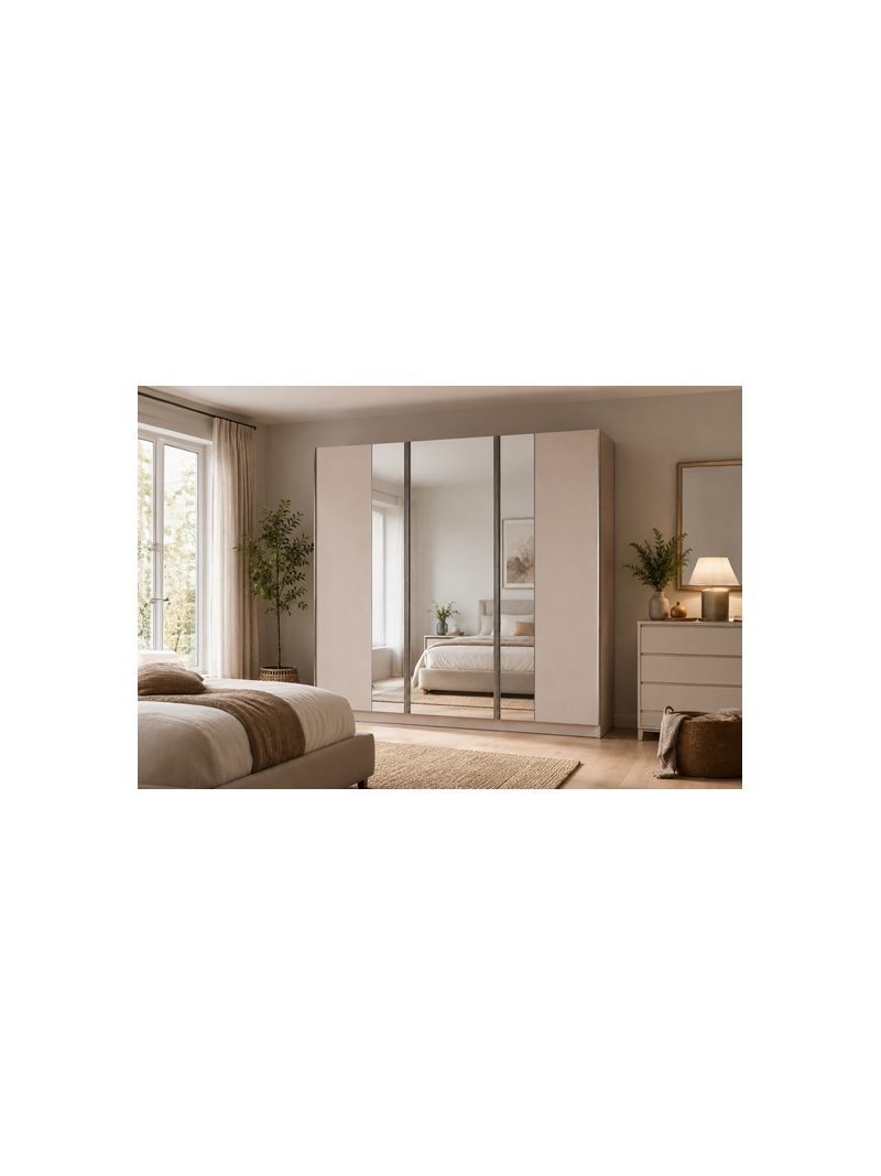 Posuvná skriňa Telia 250 cm béžová so zrkadlom na prednej strane, pohľad spredu