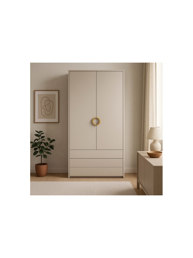 Skriňa Nubo 100 cm cashmere so 2 dverami a 3 zásuvkami, ryhovaný front, zlaté madlo