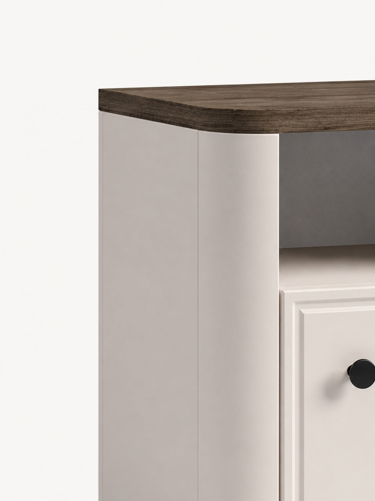 Nočný stolík Amberto 50 cm kašmír s tmavým dubovým soklom detail rohu