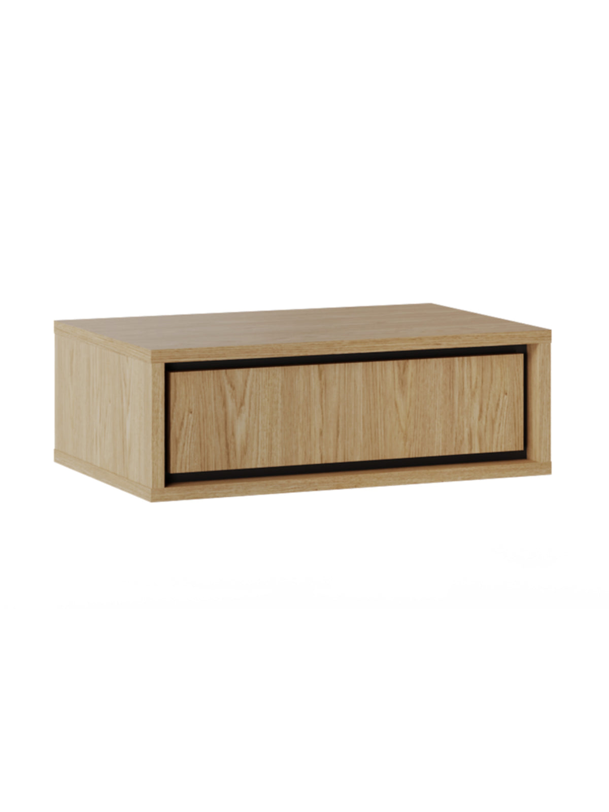 Závesný nočný stolík Rocco 53 cm dub baltic dune s čiernym zásuvkami, pohľad spredu