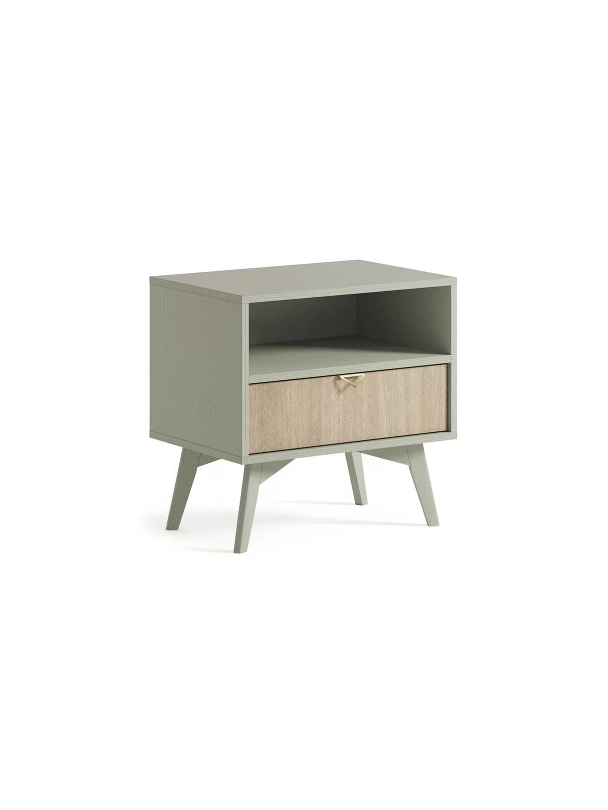 Szafka nocna Lumira w kolorze eukaliptus z jodełkowym frontem i złotymi uchwytami, widok z boku