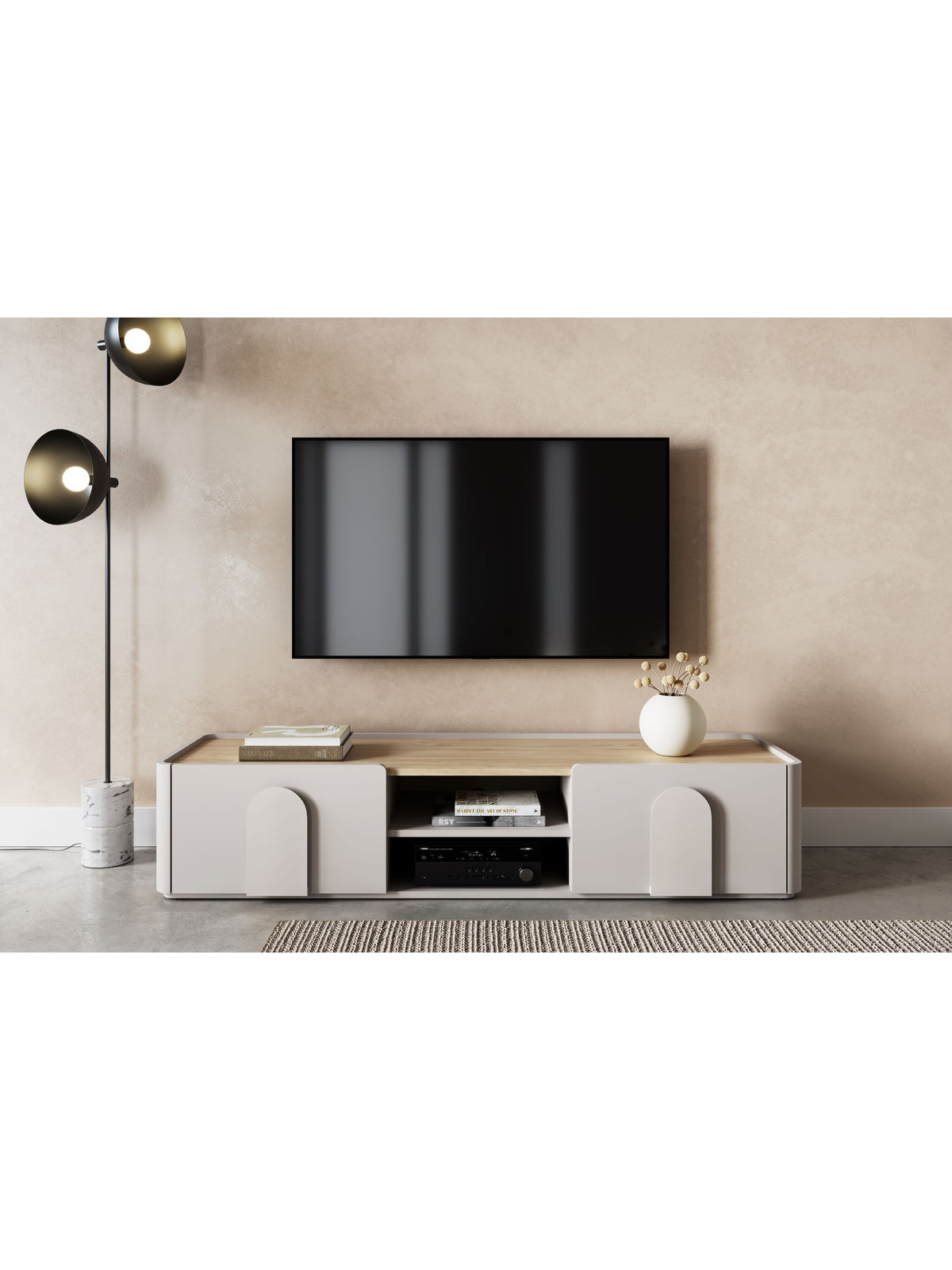 TV skrinka Amilio 170 cm kasmírová farba s dubovou doskou a zásuvkou na ľavej strane