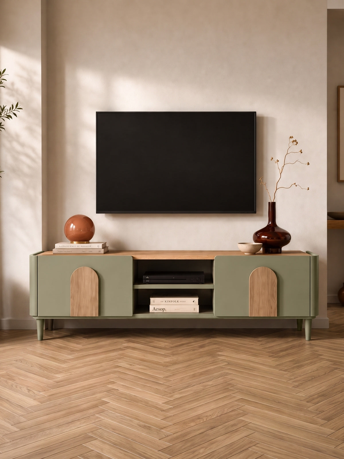 RTV skrinka Amilio 170 cm eukalyptus s zásuvkou, dub baltic dune doska na nohách