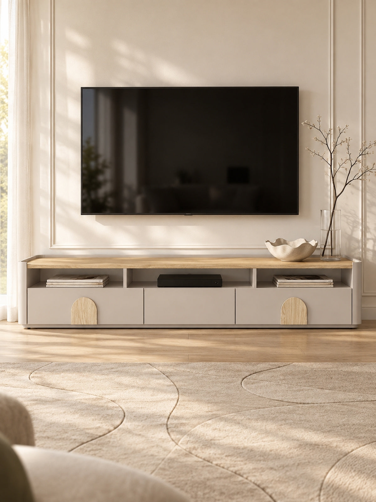TV skrinka Amilio 200 cm so zásuvkami - kašmír / Dub olejowany / úchyty Svetlý dub