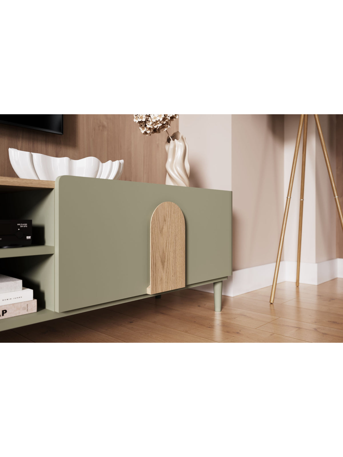 TV skrinka Amilio 220 cm z szuflada na nôžkach - eukaliptus / Dub baltic dune / úchyty Dub prírodné