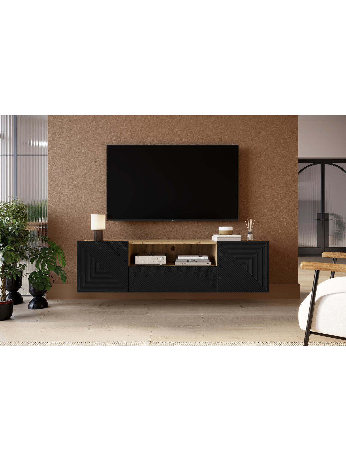 TV skrinka Asha 167 cm závesná z szuflada i wneka - artisan / Čierny mat