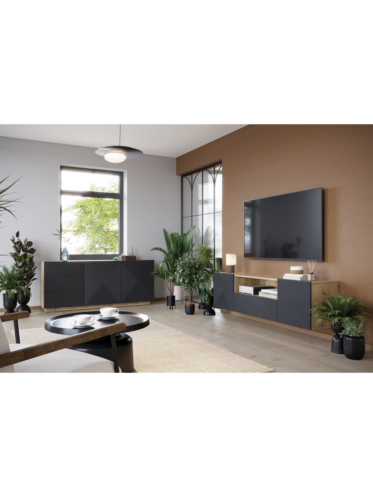 TV skrinka Asha 167 cm závesná z szuflada i wneka - artisan / rivier stone mat