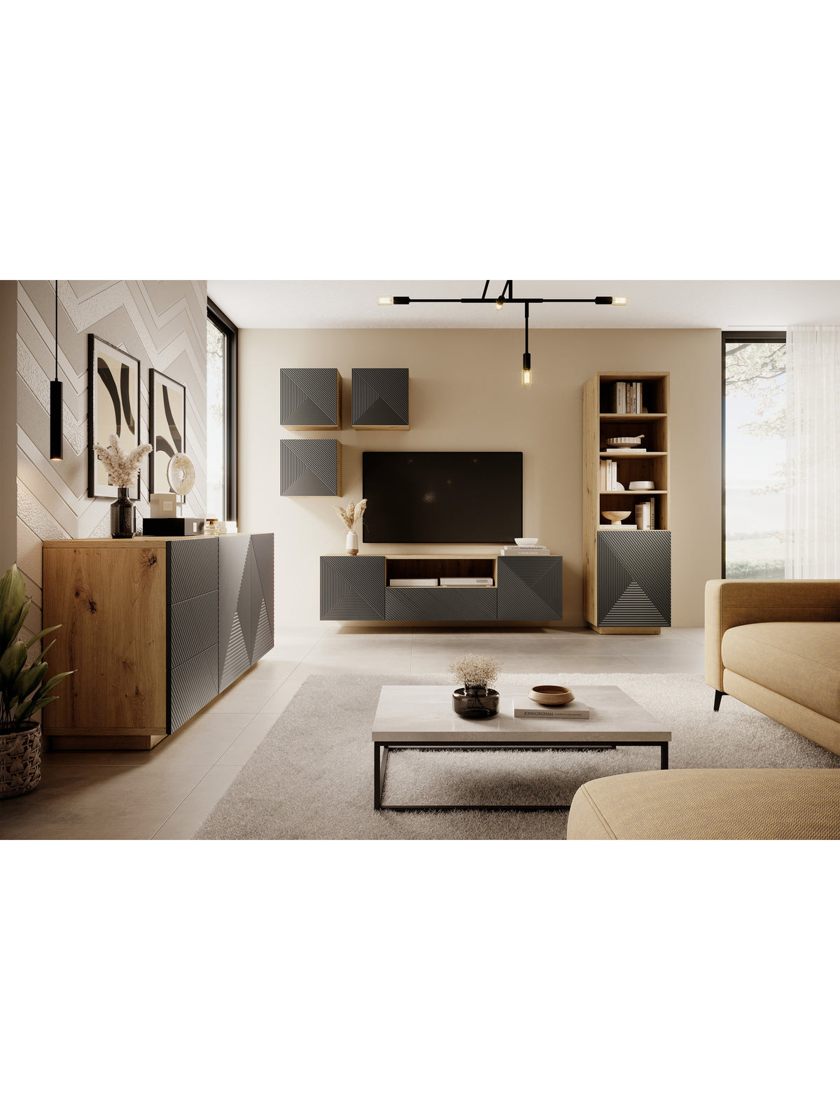 TV skrinka Asha 167 cm závesná z szuflada i wneka - artisan / rivier stone mat