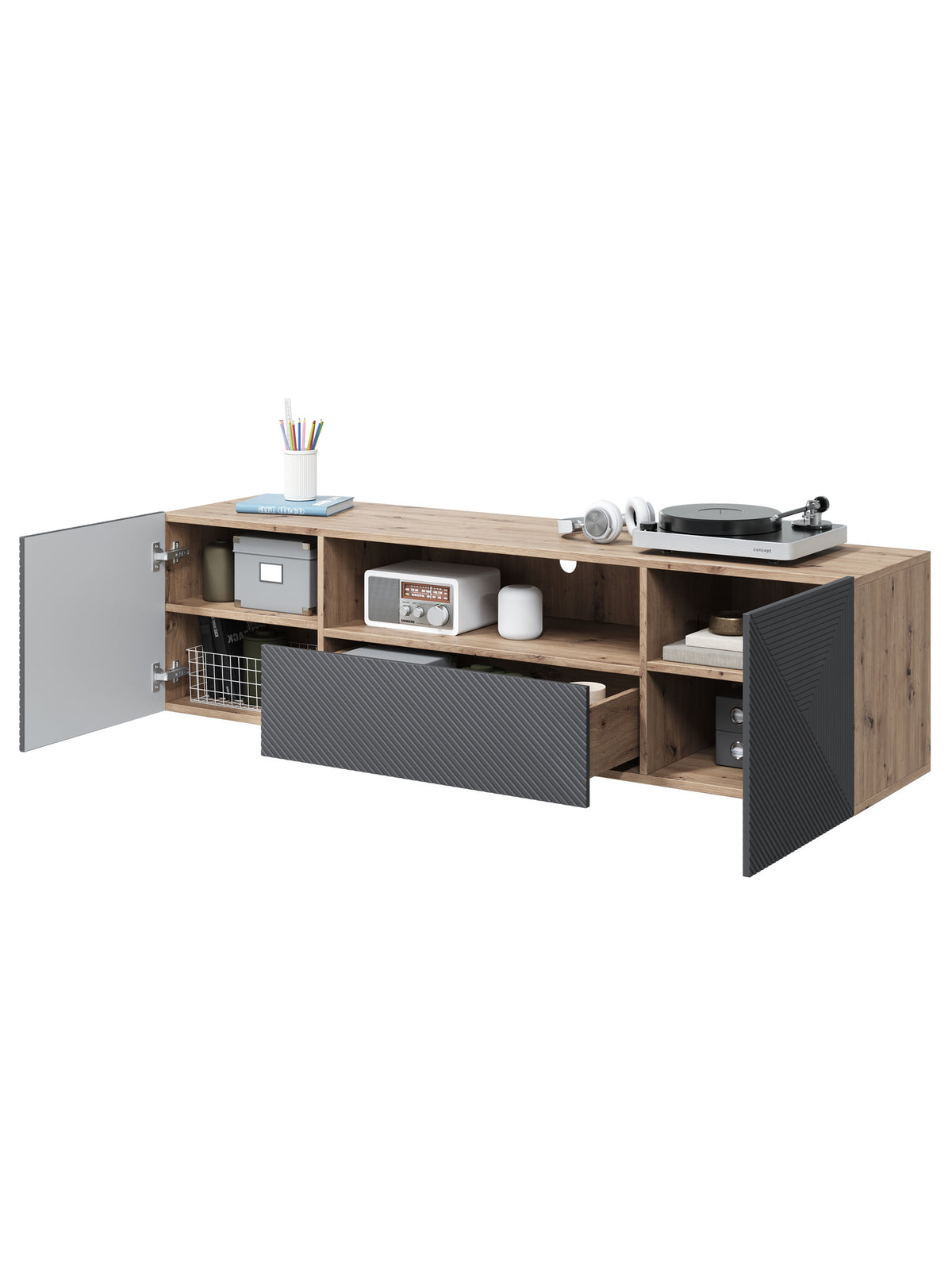 TV skrinka Asha 167 cm závesná z szuflada i wneka - artisan / rivier stone mat