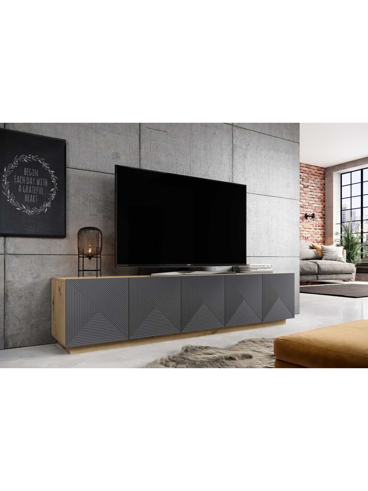 RTV skrinka Asha 200 cm päťdverová s ryhovaným frontom rivier stone mat a artisan korpusom