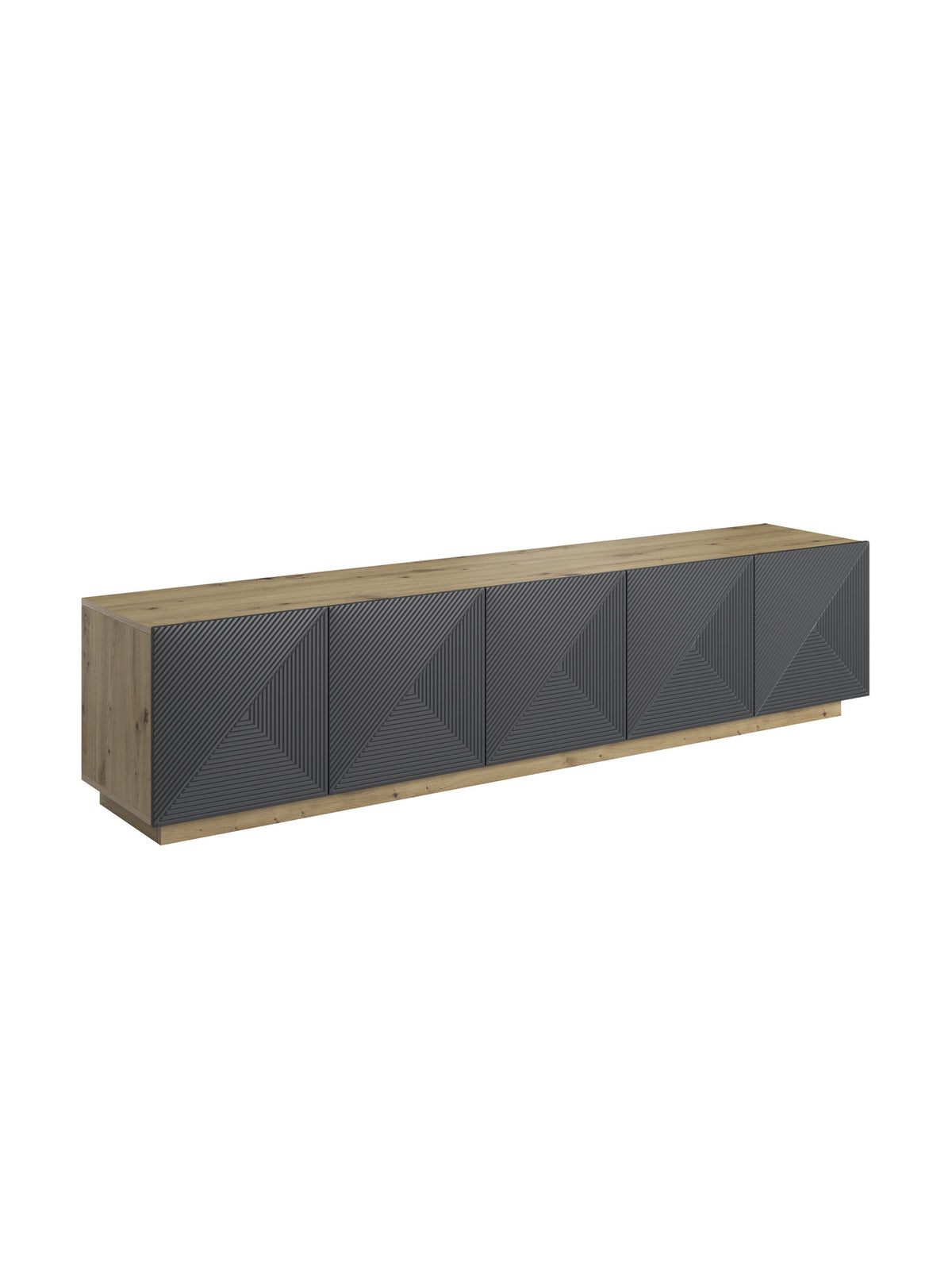 RTV skrinka Asha 200 cm päťdverová s ryhovanými dverami rivier stone mat a korpus dub artisan