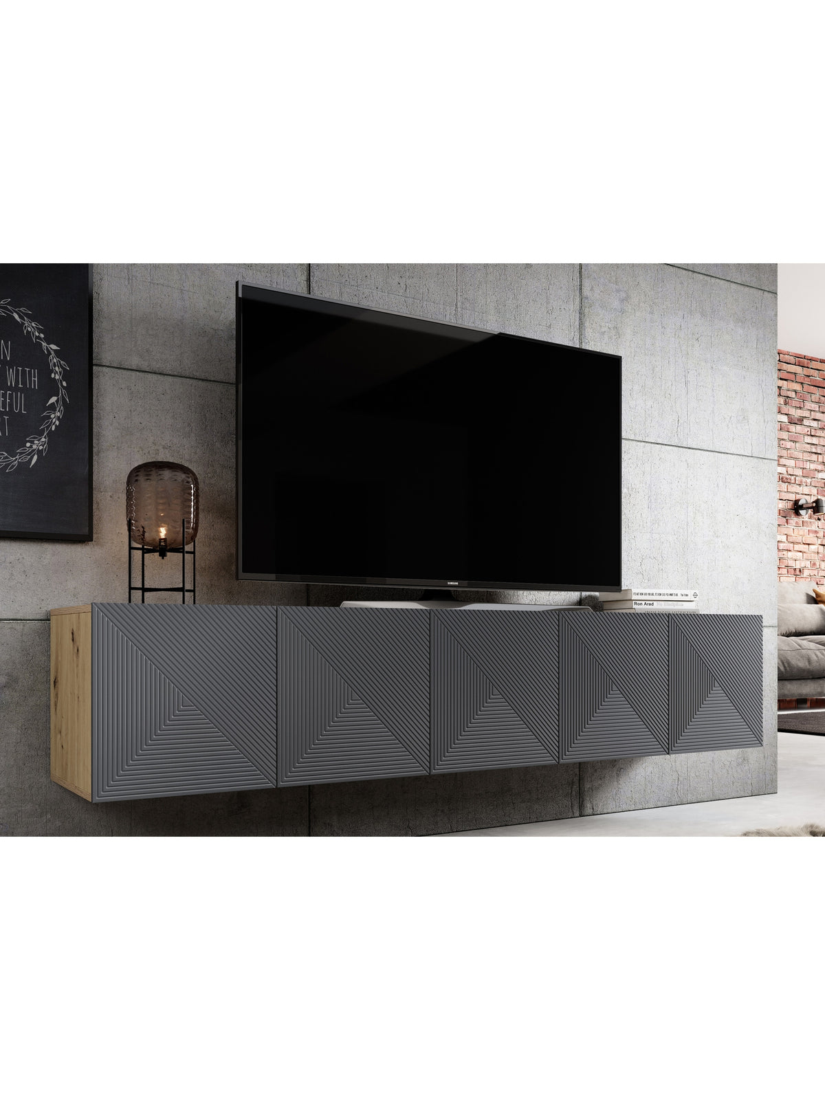 Závesná TV skrinka Asha 200 cm s ryhovanými dvierkami artisan a rivier stone mat