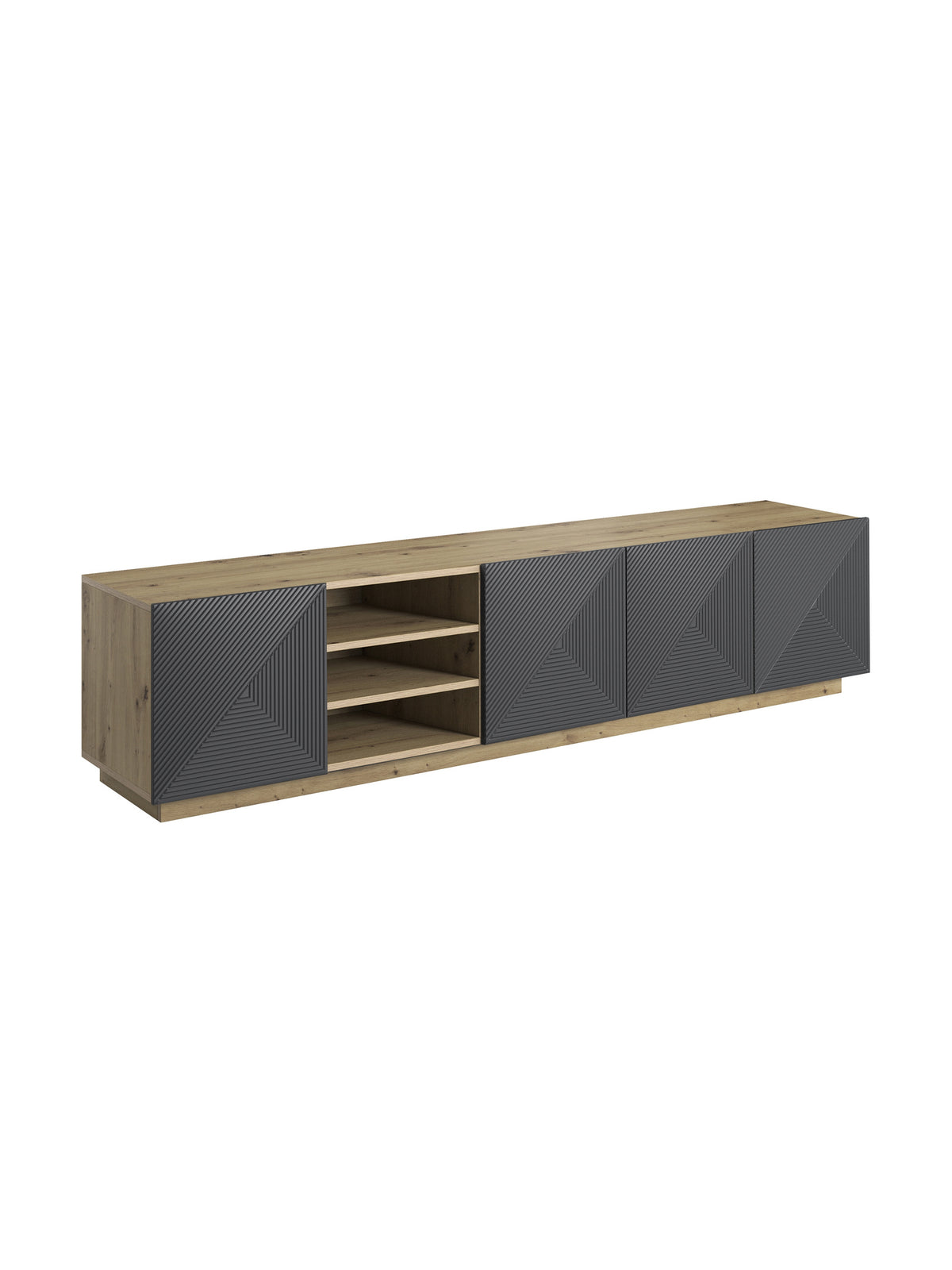 RTV skrinka Asha 200 cm s ryhovanými matnými dvierkami rivier stone a korpusom dub artisan