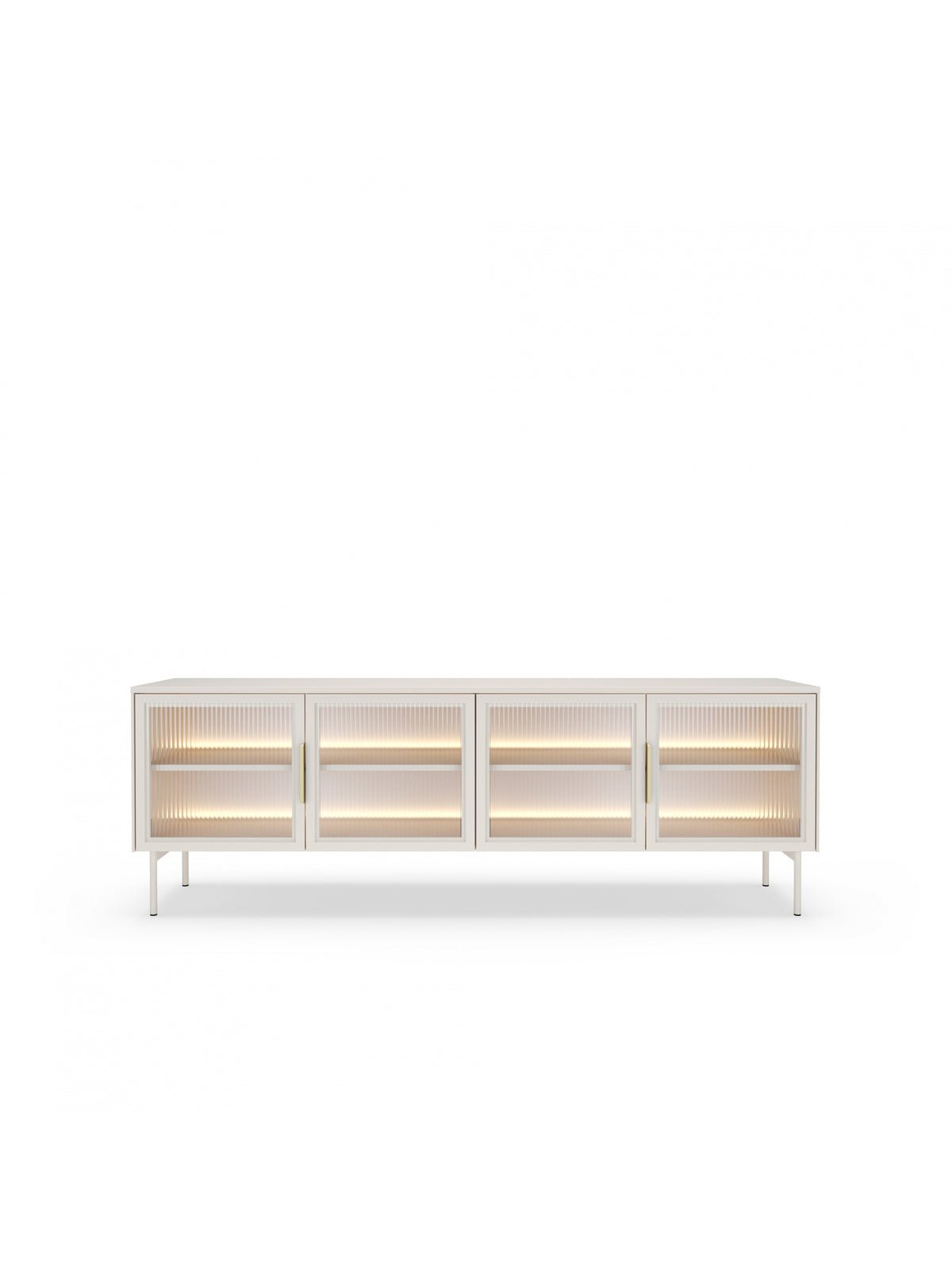 Szafka RTV Auri 181 cm kaszmir z oświetleniem LED i metalowymi nogami, widok frontu