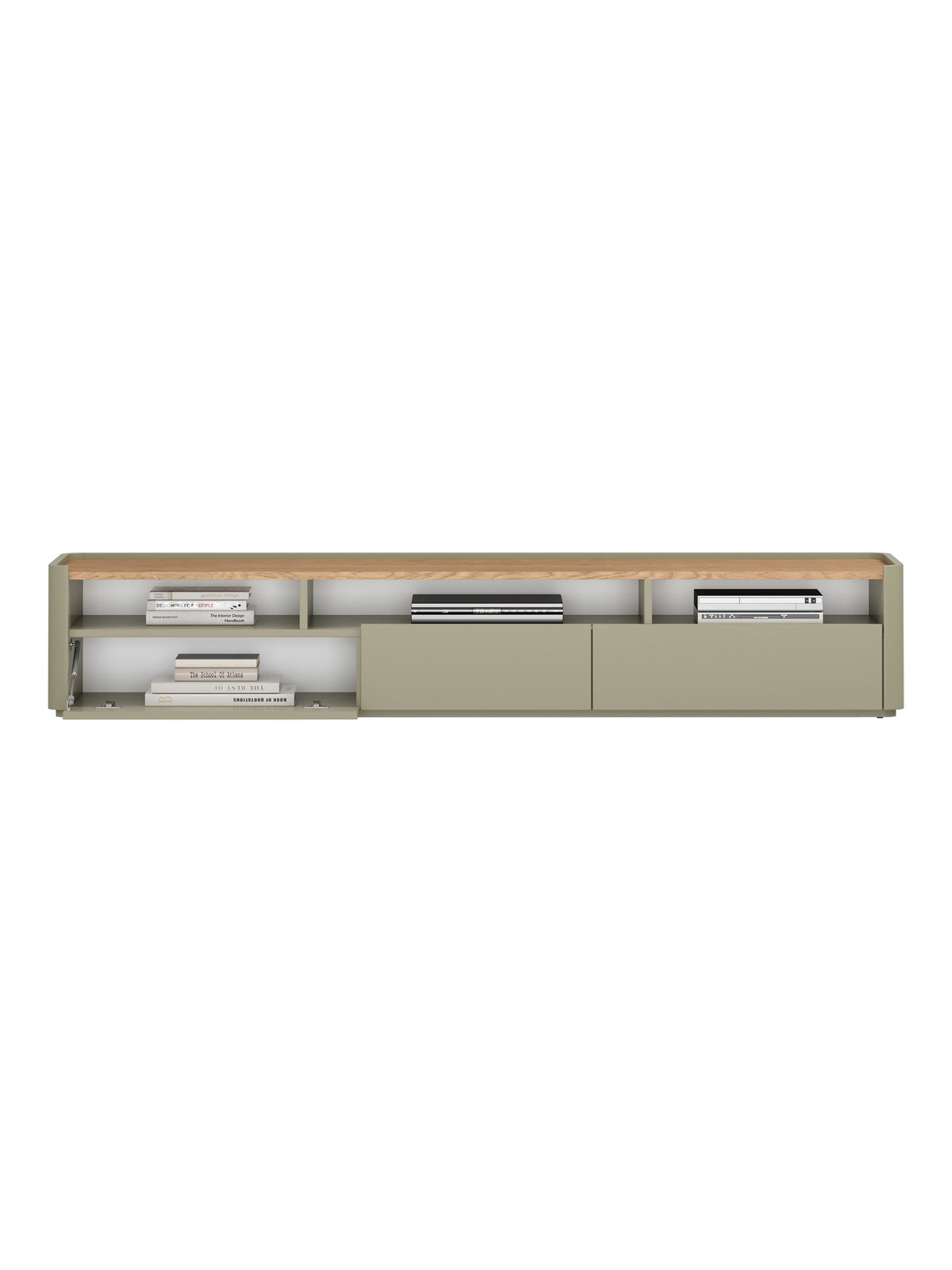 RTV skrinka Elivo 200 cm v eukalyptovej farbe s doskou dub baltic dune, pohľad zhora na priehradky a zásuvky