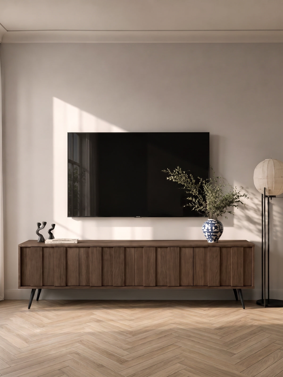 RTV skrinka Flaro 184 cm dub dunin s čiernymi nohami a teplým LED osvetlením
