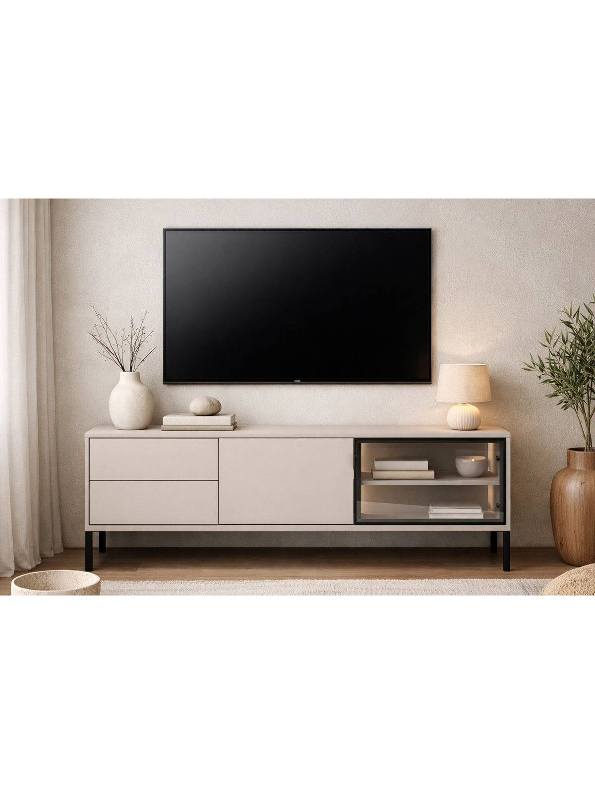 RTV skrinka Harmona 160 cm cashmere s LED osvetlením, zásuvkami a sklom v fronte