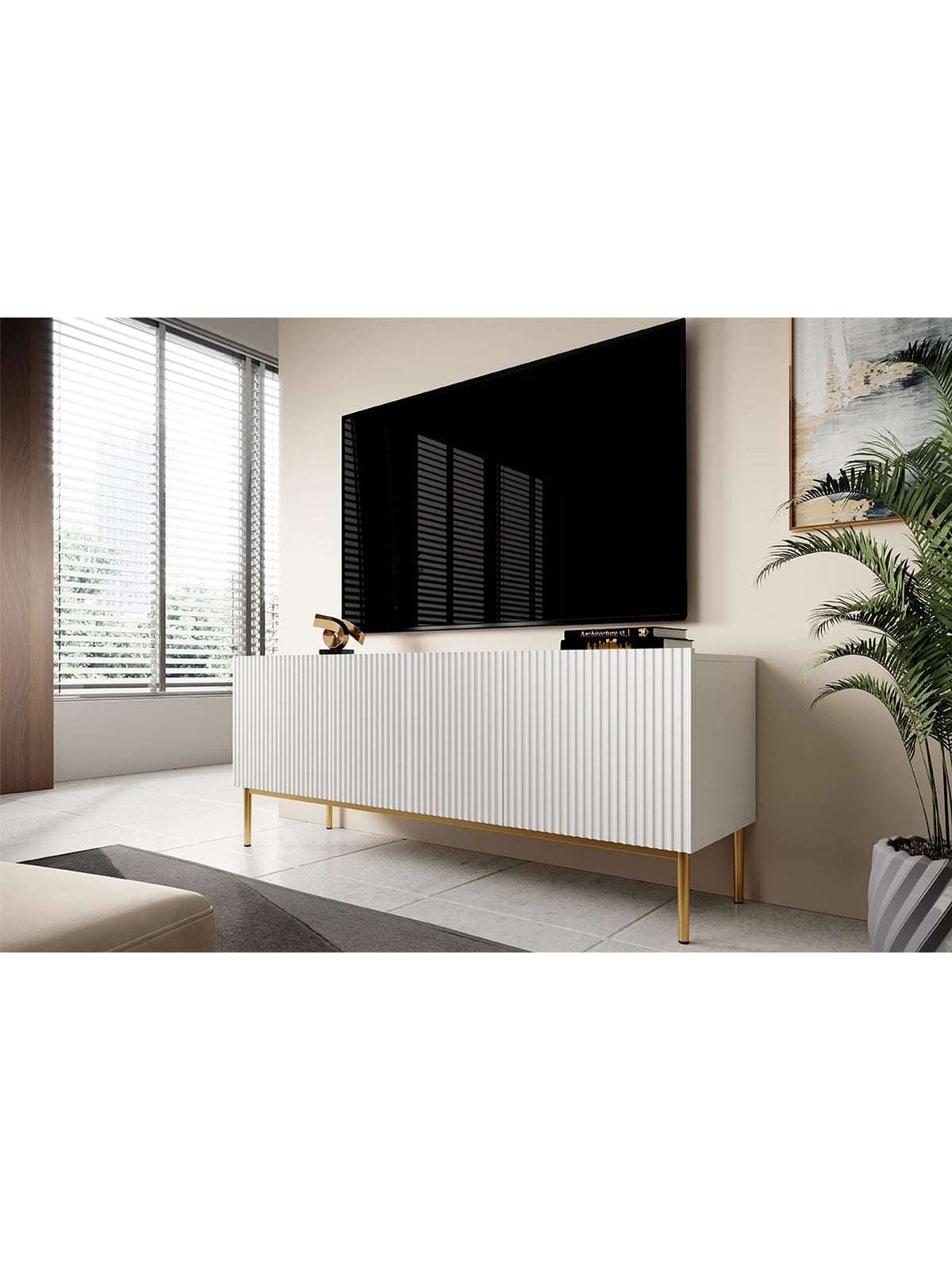 TV skrinka Nicole 150 cm na kovových nohách z szuflada - biely mat / zlote nozki