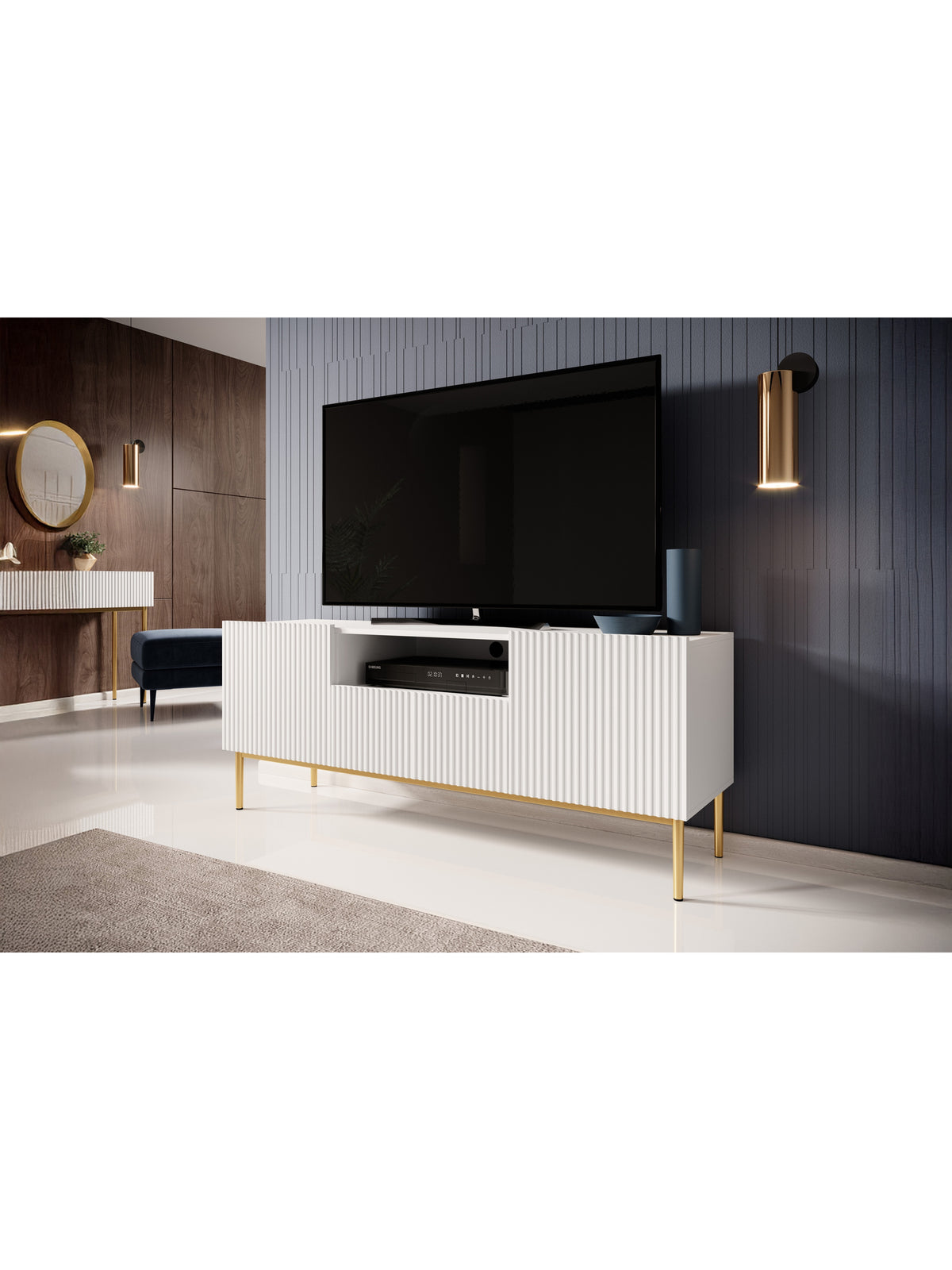 TV skrinka Nicole 150 cm z szuflada i wneka - biely mat / zlote nozki