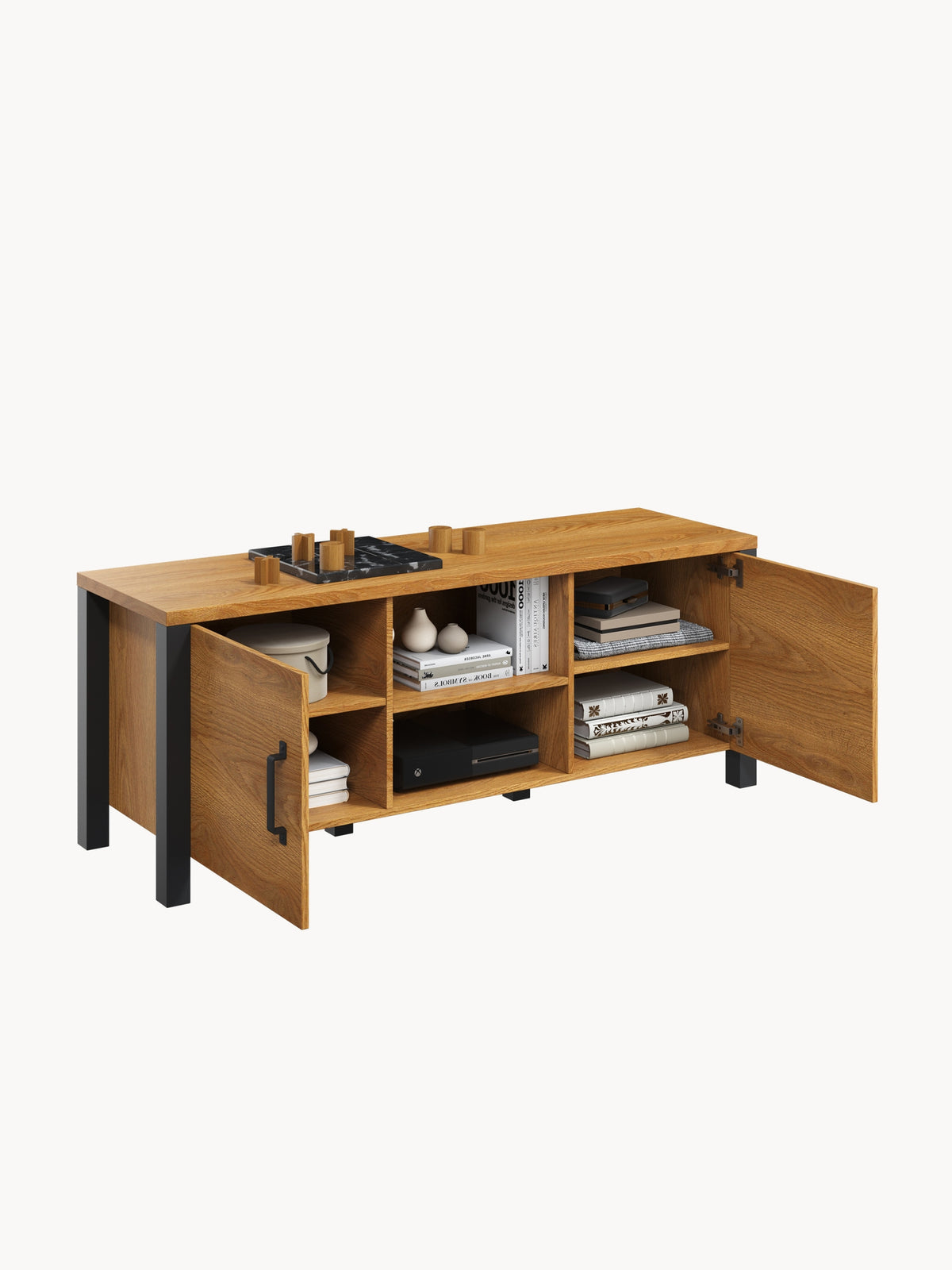 TV skrinka Olin 147 cm z wnekami - Dub karmel / Čierny supermat