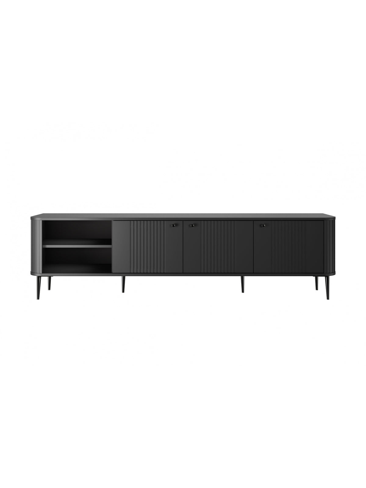 Čierna RTV skrinka Vesper 3D s ryhovanými dverami, 3 dvere, čierne kovové nohy, šírka 187 cm