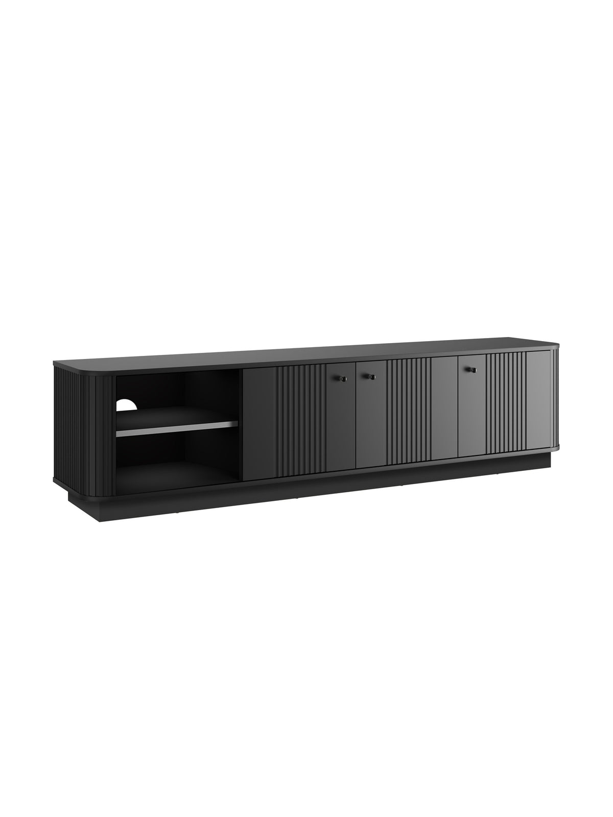Čierna RTV skrinka Vesper 3D 187 cm s tromi dverami a ryhovaným frontom