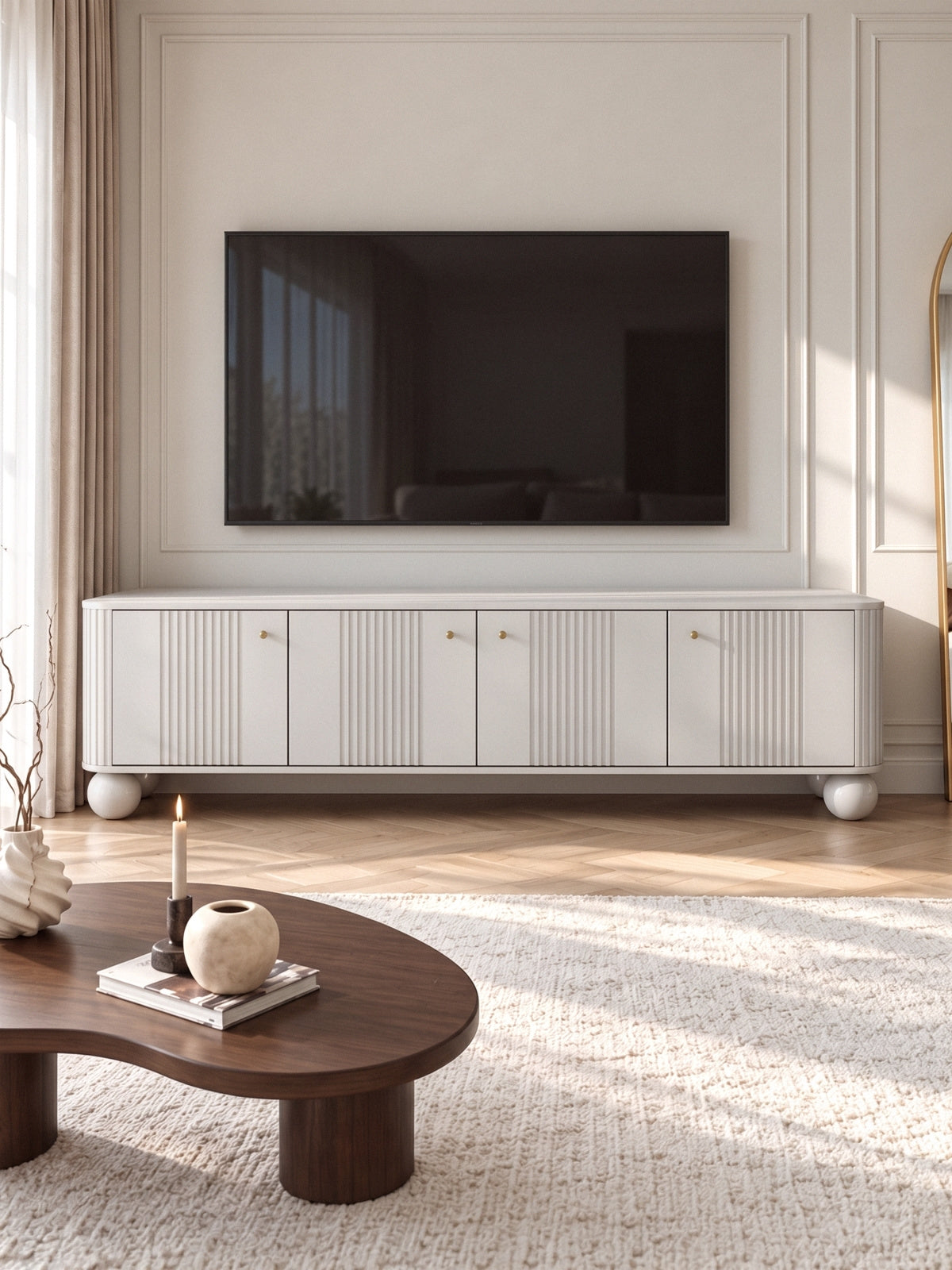 TV skrinka Vesper 4D 187 cm - kašmír / zlote úchyty / nožičky kule