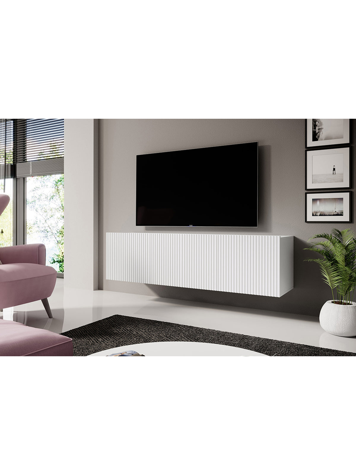 TV skrinka závesná Nicole 150 cm z szuflada - biela / biela mat