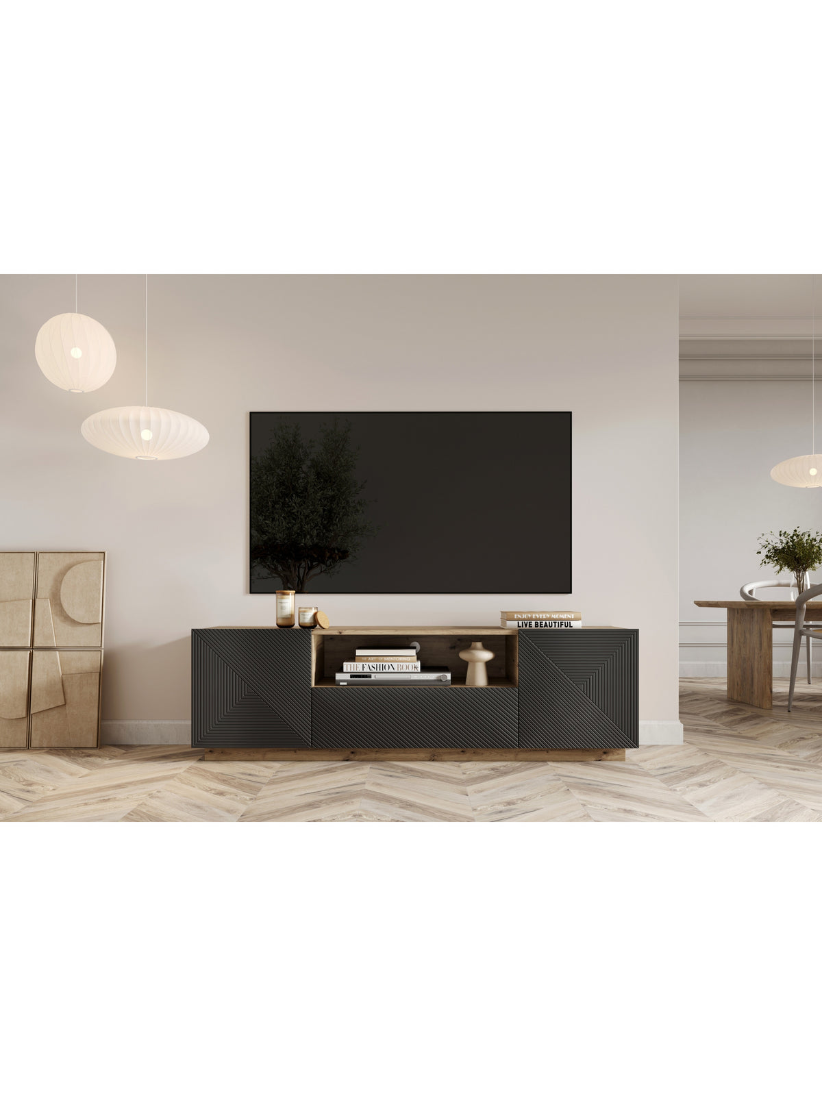 TV skrinka z szuflada Asha 167 cm - artisan / rivier stone mat