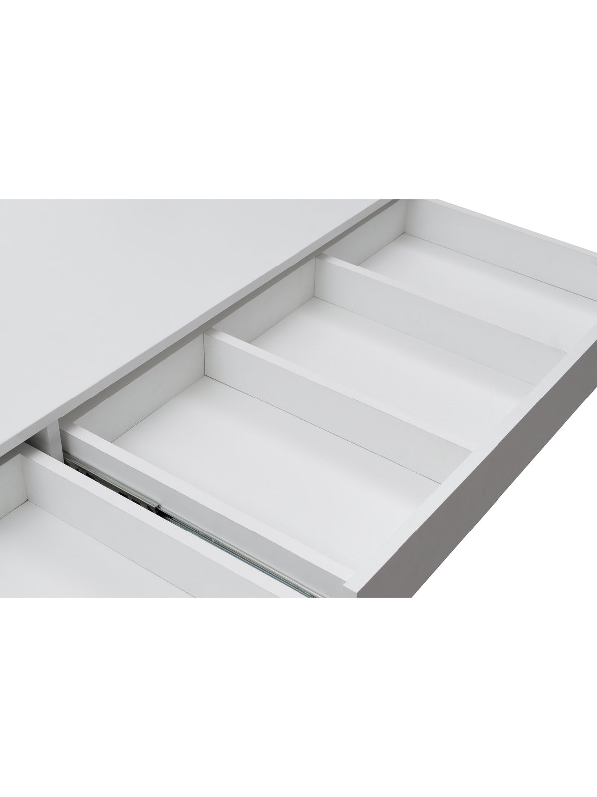 Toaletný stolík Velinio XL 120 cm s 5 bielymi zásuvkami a LED osvetlením, detail zásuvky
