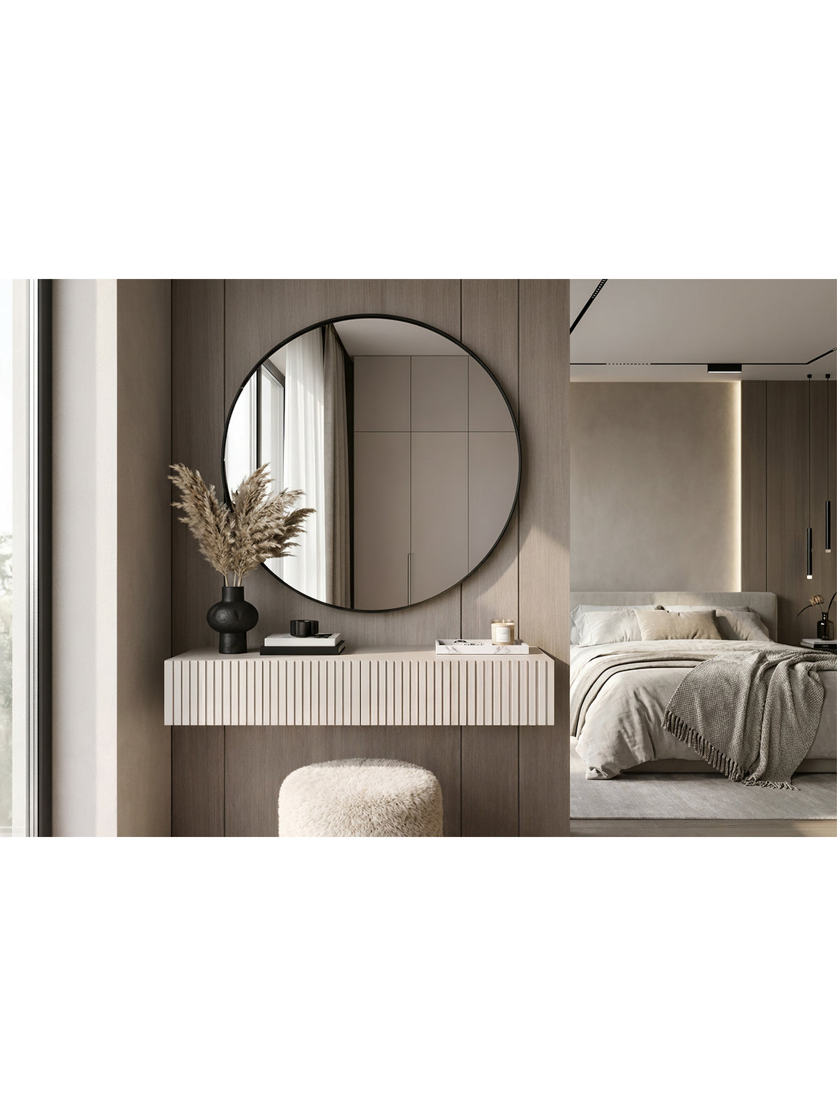 Závesná toaletka Nicole kašmír s čiernym okrúhlym zrkadlom 80 cm, ryhovaný front