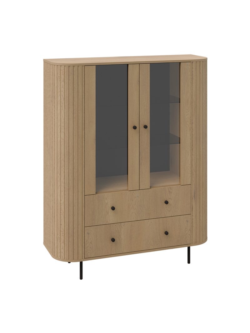 Vitrína Lento 123 cm so zásuvkami v dekore dub cremona s čiernymi úchytmi a nohami
