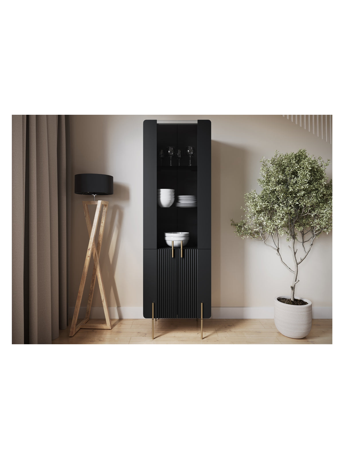 Vitrína Malmi 60 cm - Čierny mat / zlote nozki