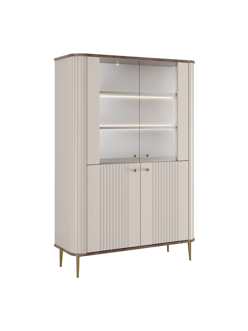 Vitrína Vesper 103 cm štvordverová kašmírová s orechovým vrchom a zlatými nohami