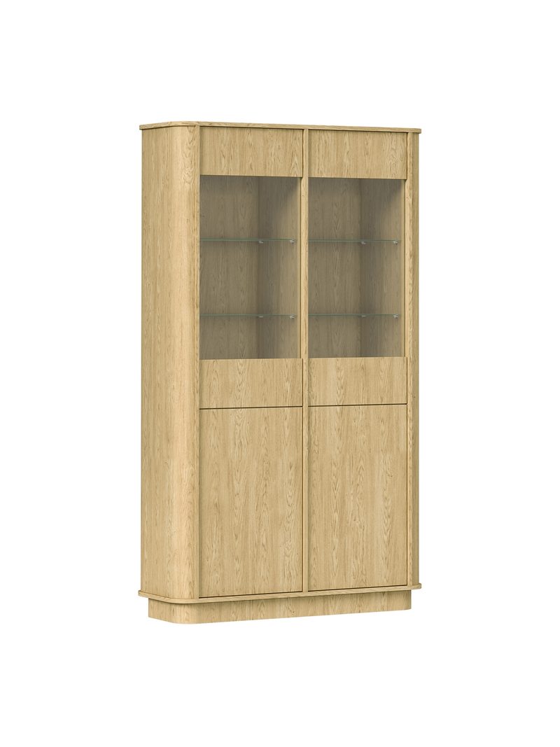 Vysoká vitrína Vello 108 cm dub baltic dune so štyrmi dverami a sklenenými dvierkami