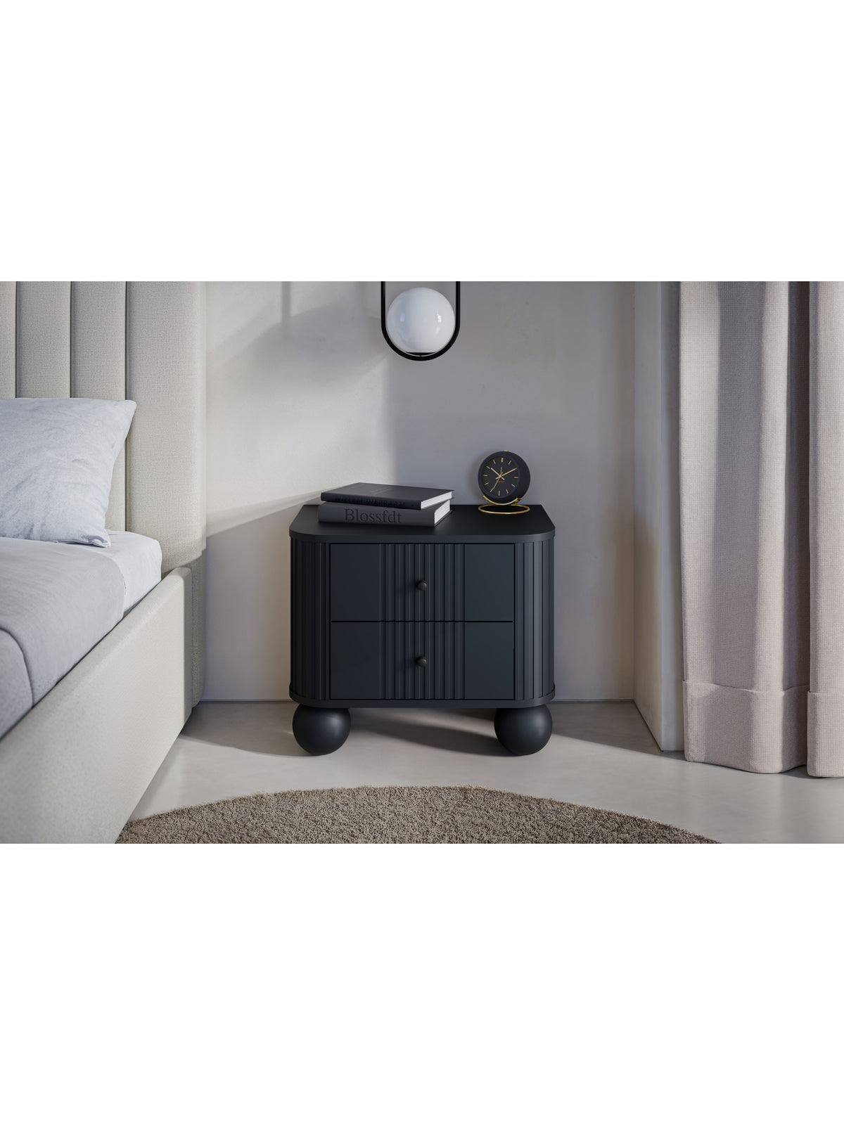 Sada nočných stolíkov Vesper 56 cm čierna matná s ryhovanými čelami a guľatými nohami